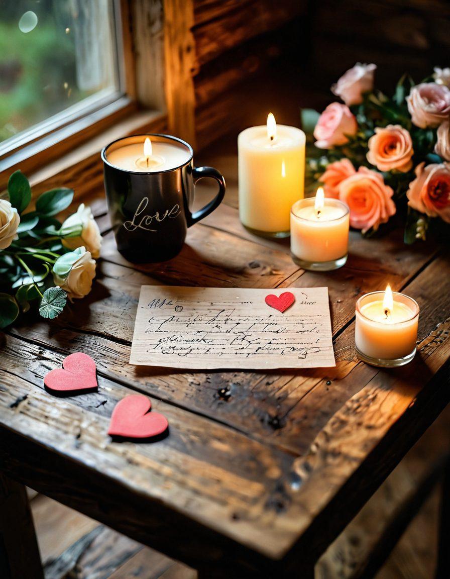 A cozy, intimate setting featuring a handwritten love note resting on a rustic wooden table, surrounded by a flickering candle and fresh flowers. Soft, warm lighting creates a romantic ambiance, with a blurred background of a couple sharing a tender moment. Incorporate elements like a coffee cup and a small heart-shaped trinket to enhance the theme of love and connection. super-realistic. warm colors. soft glow.