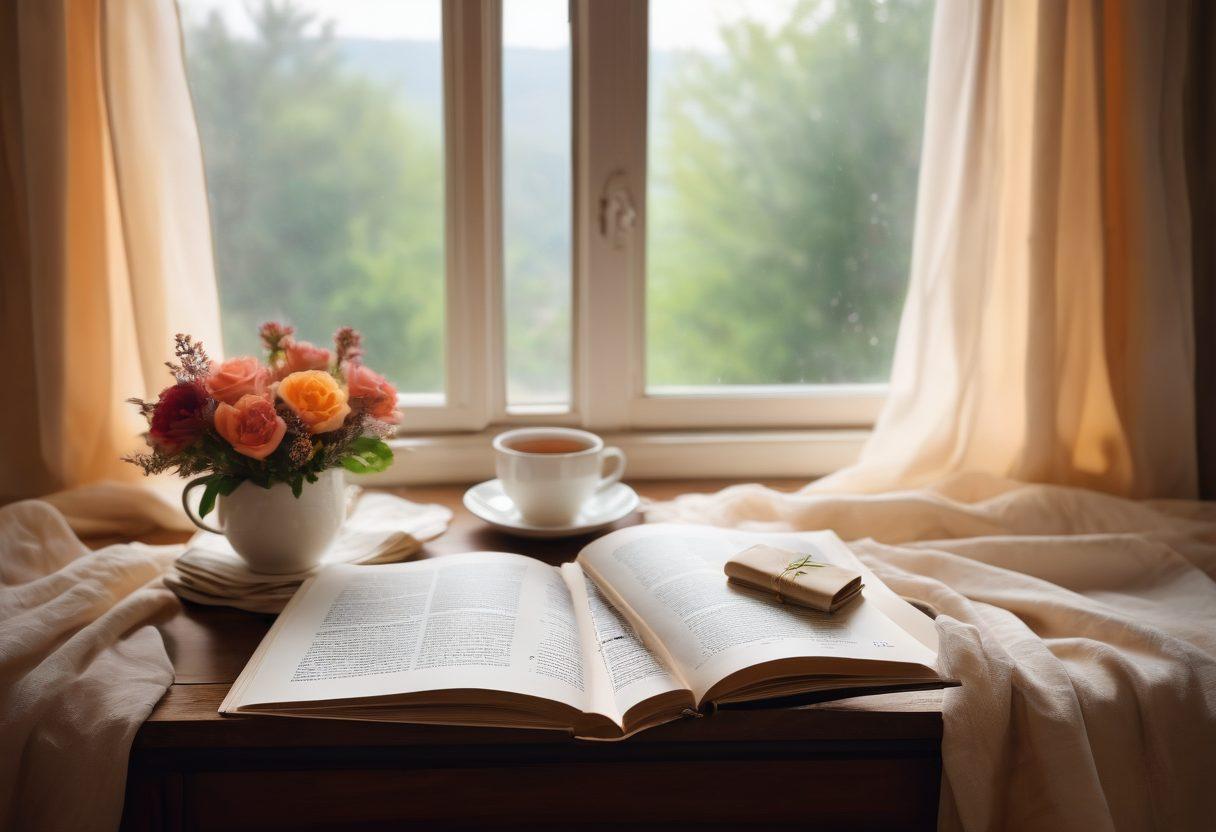 A cozy, intimate setting with a couple sitting closely together, sharing a book with heartfelt notes on the pages. The atmosphere is warm and inviting, filled with soft light and romantic decor, symbolizing deep emotional connections through simple gestures. Surround them with elements like a steaming cup of tea, a window with soft curtains blowing in the breeze, and colorful flowers in the background. watercolor painting. warm tones.