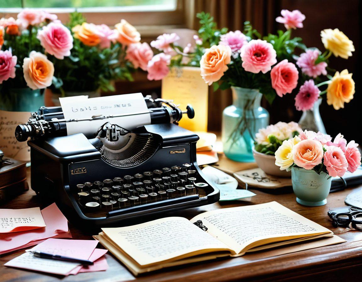 A cozy scene depicting a beautifully decorated writing desk with an open notebook filled with colorful hand-written love notes, surrounded by fresh flowers and a steaming cup of tea. Soft, warm lighting enhances the heartfelt atmosphere, while a vintage typewriter and faded love letters are scattered around, evoking nostalgia. Include gentle pastel colors to create an inviting and intimate vibe. super-realistic. warm tones. soft focus.